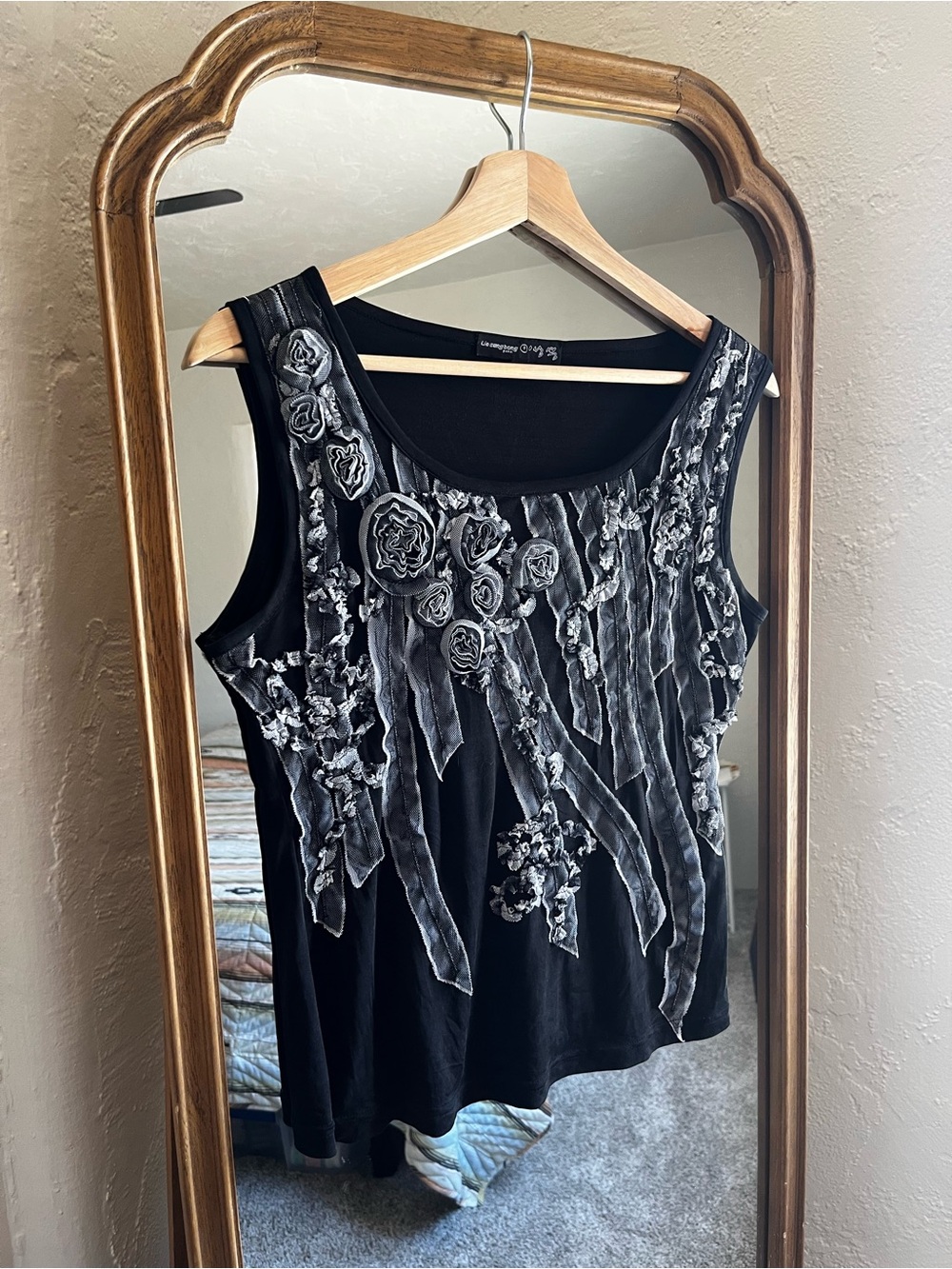 Black Tank Top with Floral Appliqué